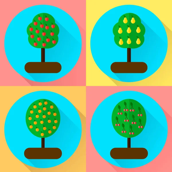 Illustration vectorielle. fixer des arbres fruitiers icône ronde plate. pomme, ou — Image vectorielle
