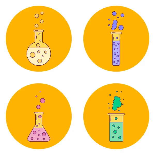 Vector ilustración conjunto iconos naranja matraz con líquidos, línea ar — Vector de stock