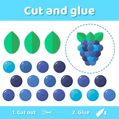 Vektör çizim. Eğitim kağıt okul öncesi çocuklar için oyun. Makas ve yapıştırıcı görüntü oluşturmak için kullanın. vahşi berry