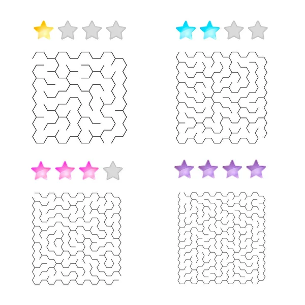 Ilustración de conjunto de 4 laberintos de hexágonos para niños en diferentes niveles de complejidad — Vector de stock