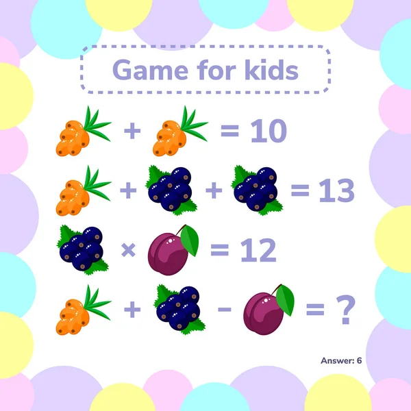 Векторная иллюстрация. Образовательная математическая игра. Логическая задача для детей. Сложение, вычитание, умножение — стоковый вектор
