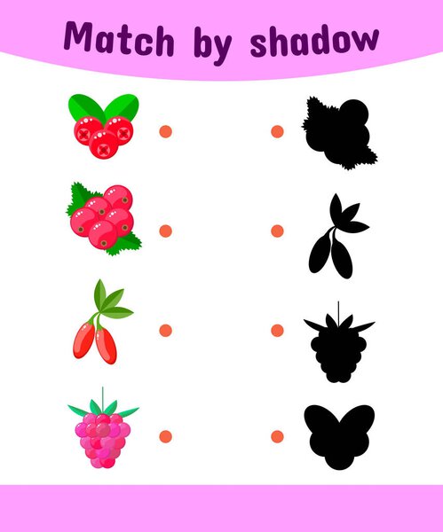 векторная иллюстрация. Матч игры для детей. Подключите тень ягод. клюква, смородина, Годжи, малина
