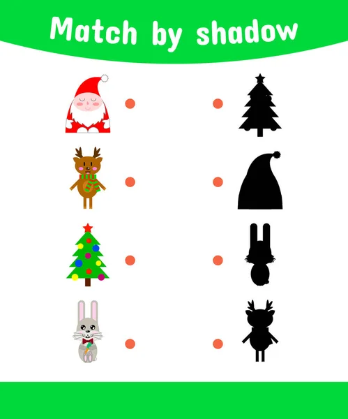 Ilustración vectorial. Juego a juego para los niños. Conecta la sombra. Santa Claus, reno, árbol de Navidad, conejo — Vector de stock