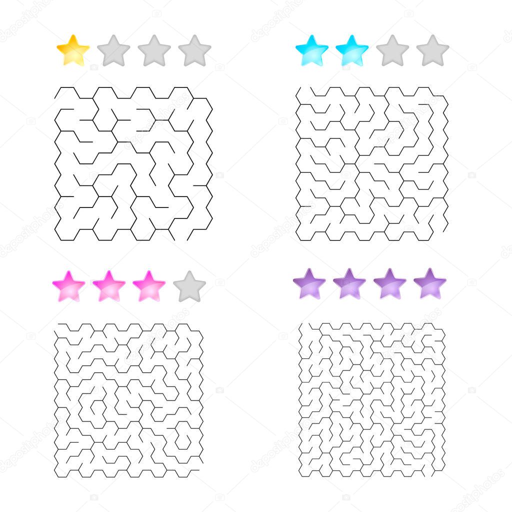 illustration of set of 4 mazes of hexagons for kids at different levels of complexity