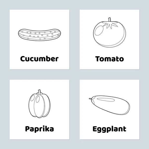 Ilustração vetorial. Jogo para crianças. Vegetais. Definir página para colorir. tomate, pepino, páprica, berinjela — Vetor de Stock