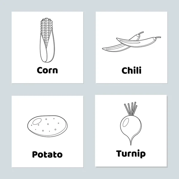 Jogo para crianças. Vegetais. Definir página para colorir. Batata, milho, pimenta, nabo — Vetor de Stock