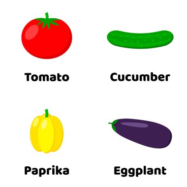 resimde. Sebze kümesi. Domates, salatalık, patlıcan, sarı kırmızı biber