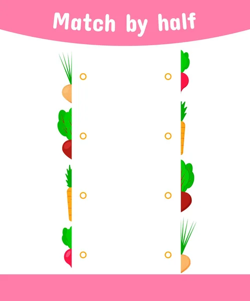 Matchande spel för barn. Anslut halvorna av grönsaken. lök, rödbetor, morötter, rädisor — Stock vektor
