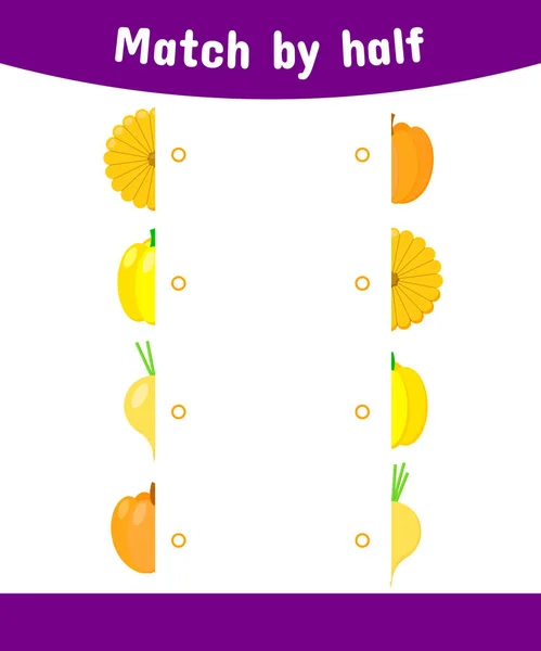 Passendes Spiel für Kinder. Die Hälften des Gemüses verbinden. Kürbis, Paprika, Rüben, Kürbis — Stockvektor