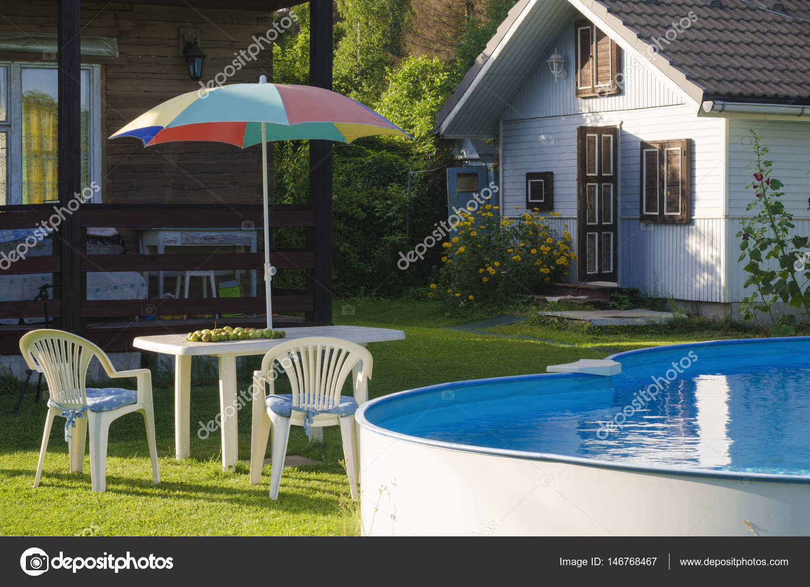 Plastic Table Chairs Sun Umbrella Next Summer Swimming Pool Royalty Free Photo Stock Image By C Mosstan 146768467