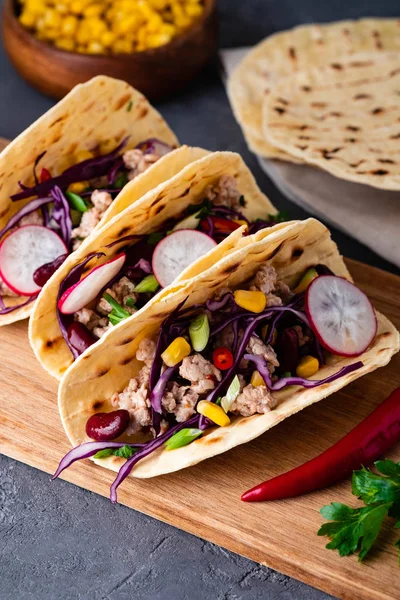 Mexican Pork Tacos Vegetables Salsa Tacos Pastor Wooden Table Copy — Stock Photo, Image