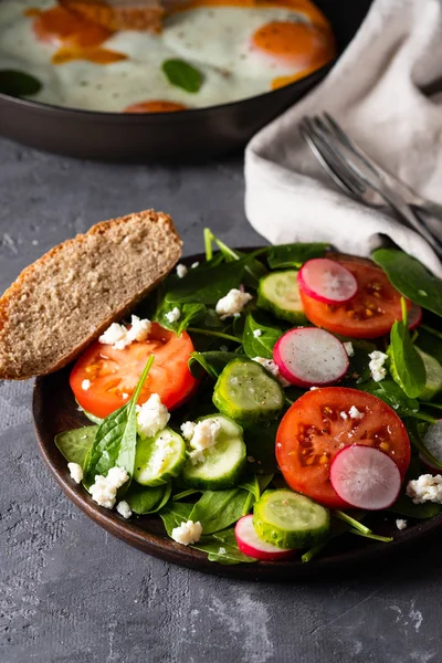 Taze Ispanak Turp Salatalık Domates Salatası — Stok fotoğraf