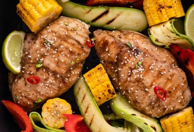 Siyah bir zemin üzerine Sebzeli tavuk ızgara fileto.