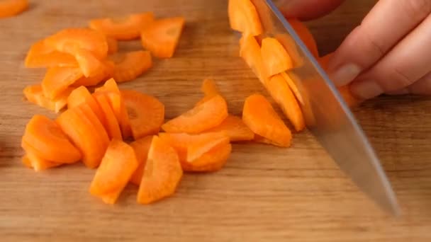 Woman slices carrots for soup. Hands cutting carrots on a cutting board. Young woman cutting vegetables in the kitchen. Slow motion. Side view. — Stock Video