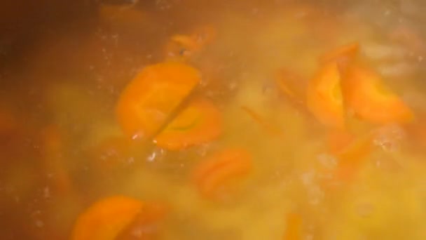 Soupe de légumes. Légumes dans l'eau bouillante. Pommes de terre, carottes, oignons, pois. Cuisson de soupe de légumes . — Video