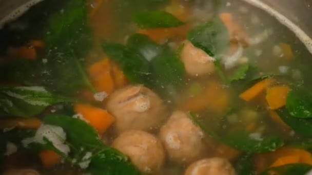 Homemade vegetable soup with meatballs in a pan. Spinach. Close-up. — Stock Video