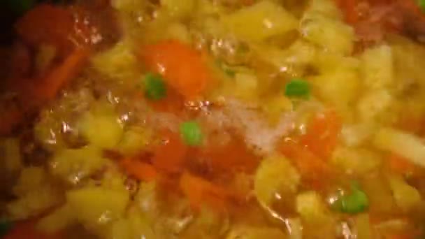 Soupe de légumes. Légumes dans l'eau bouillante. Pommes de terre, carottes, oignons, pois. Cuisson de soupe de légumes . — Video