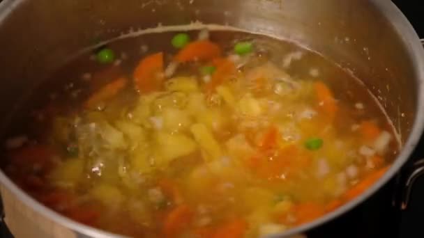 Gemüsesuppe. Gemüse in kochendem Wasser. Kartoffeln, Karotten, Zwiebeln, Erbsen. Gemüsesuppe kochen. — Stockvideo