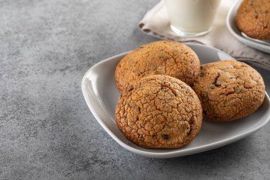 Gri masada sütlü çikolatalı kurabiye. Kopyalama alanı.