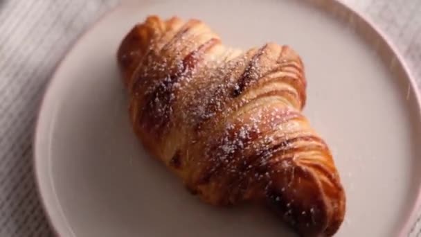 Morning breakfast with delicious French croissants. Croissants and escargots. Confectionery. Fresh bakery. Slow motion food. — Stock Video