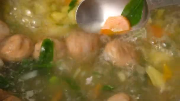 Homemade vegetable soup with meatballs in a pan. Spinach. Close-up. — Stock Footage Homemade vegetable soup with meatballs in a pan. Spinach. Close-up. Royalty Free Stock Video