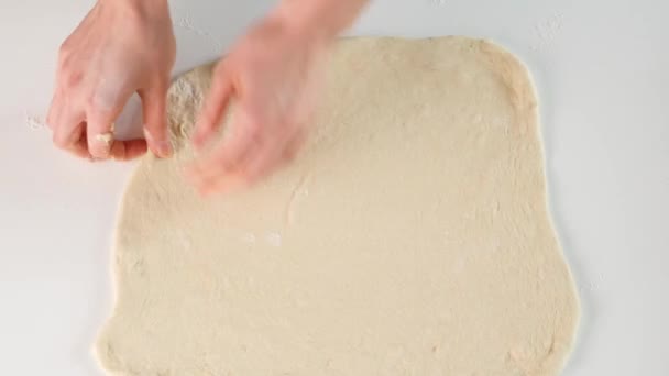 Gist deeg. Vrouwelijke handen rollen rauw deeg voor Italiaans eten Pizza roll stromboli met kaas, mozzarella, salami, tomaten, spinazie en rode peper. — Stockvideo