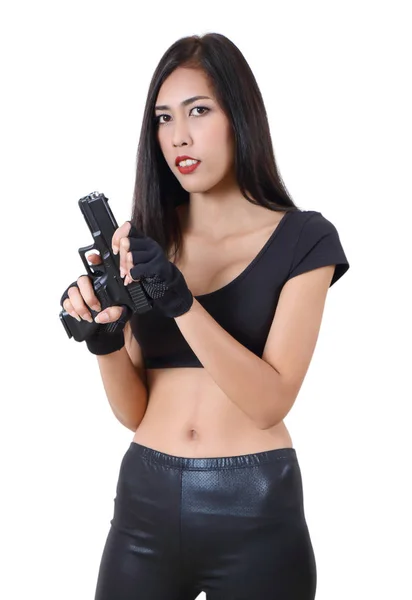 Woman and gun — Stock Photo, Image