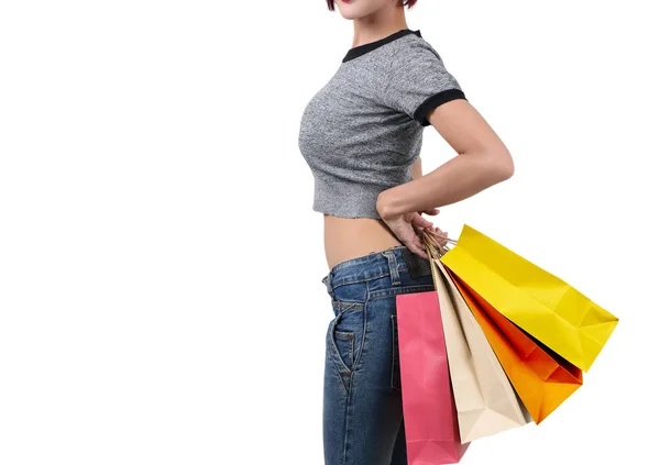 Mulher segurando saco de compras — Fotografia de Stock