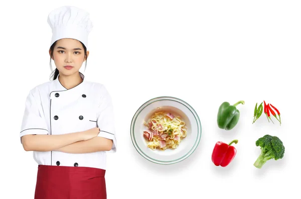 Mulher chef e comida — Fotografia de Stock