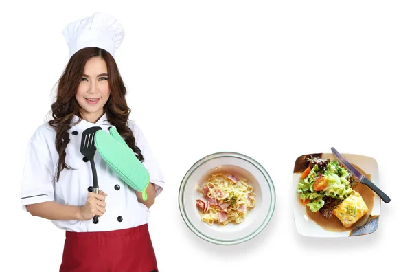 Mujer chef y comida — Foto de Stock