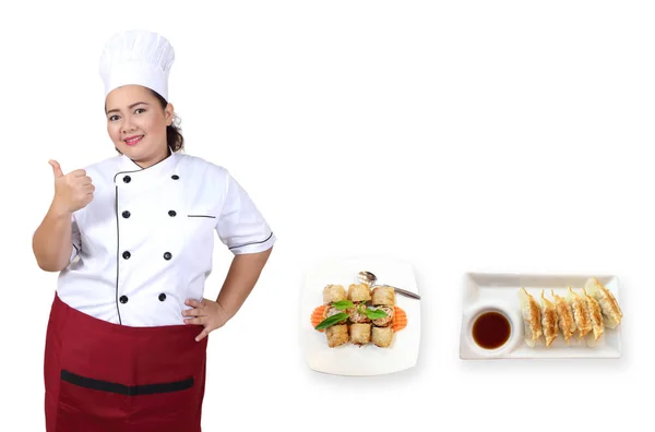 Mujer chef y comida — Foto de Stock