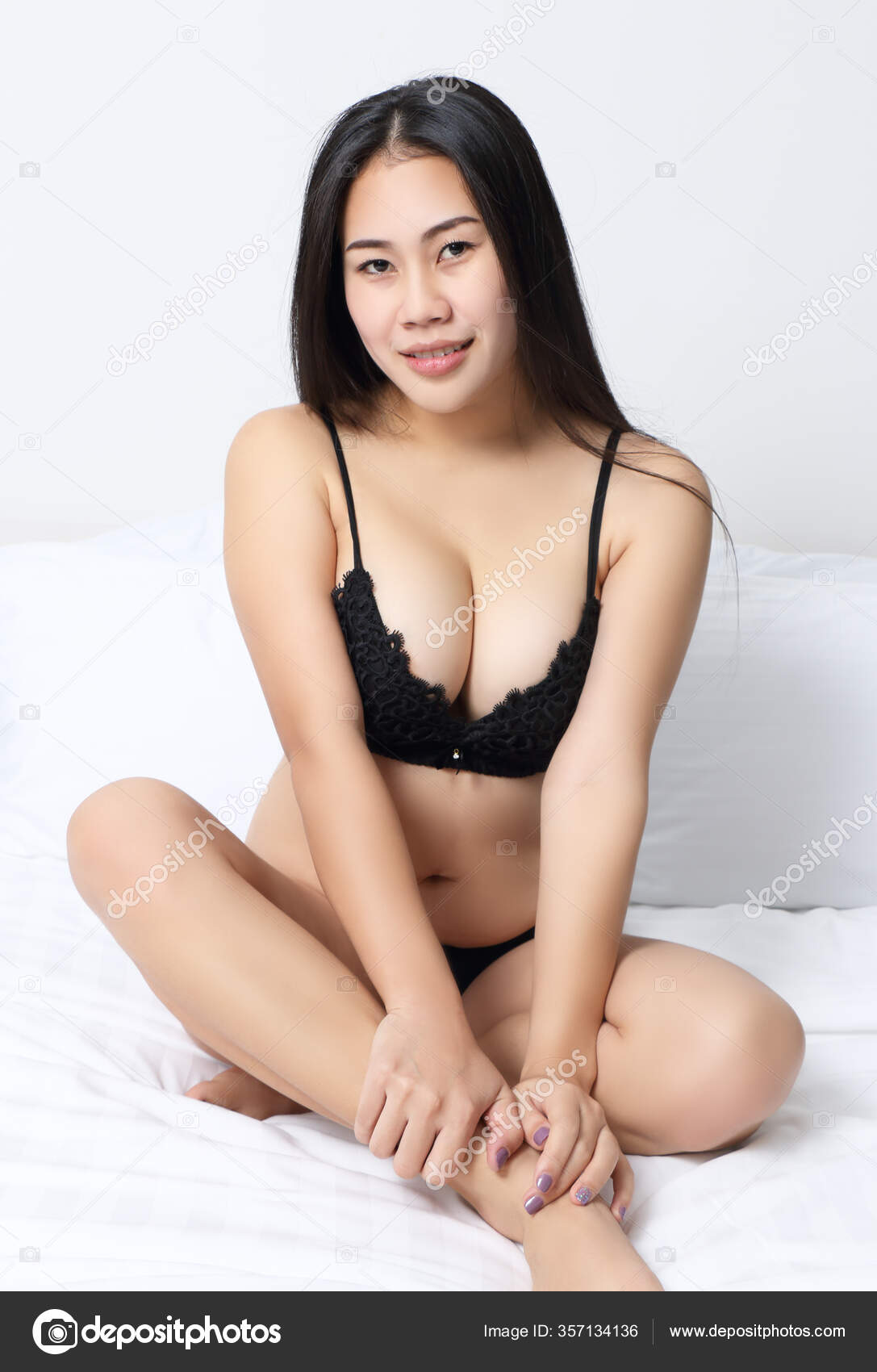 Asian Woman Black Bikini Bed Room White Background Stock Photo by