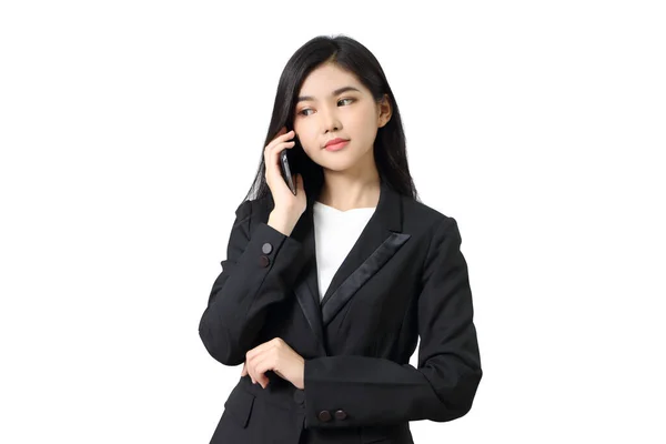 Young Asian Businesswoman Holding Her Smartphone White Background Studio — Stock Photo, Image