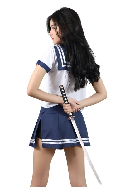 Asian Woman Student Cosplay Holding Samurai White Background — Stock Photo, Image