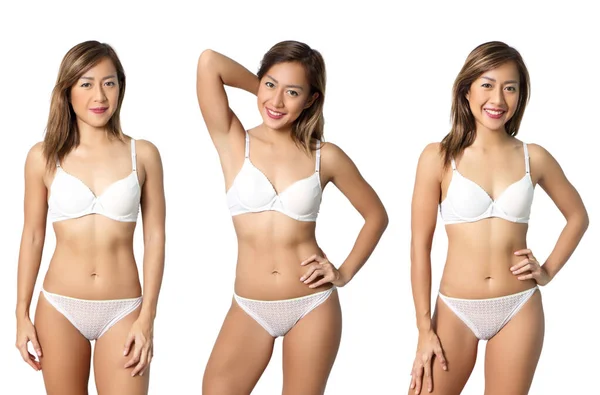 Collage Von Drei Schönen Asiatischen Frauen Bikini Und Weißem Hintergrund — Stockfoto