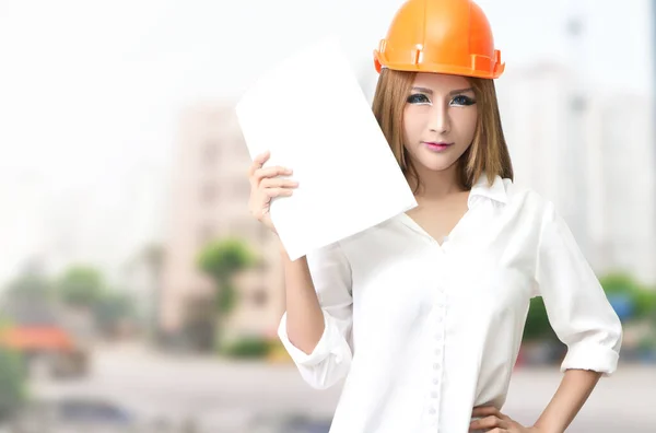Mujer Ingeniero Hardhat Que Trabaja Obra Edificio Negocio —  Fotos de Stock