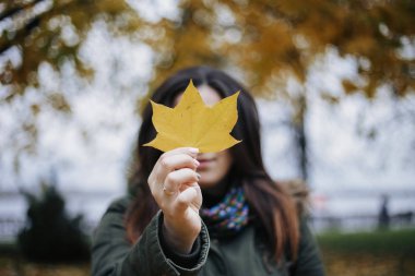 neşeli ve romantik kadın park sonbahar ile poz bırakır