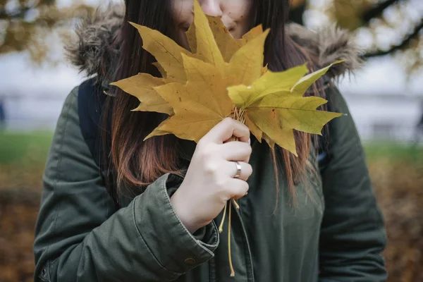 Весёлая Романтичная Женщина Позирует Парке Осенними Листьями — стоковое фото