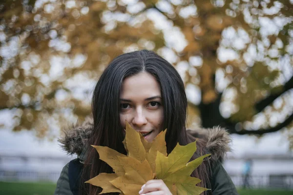 Mulher Alegre Romântica Posando Parque Com Folhas Outono — Fotografia de Stock