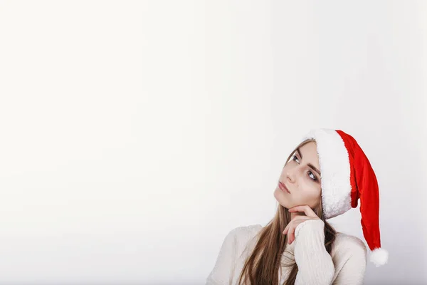 Chica Del Sombrero Santa Claus Mirando Hacia Lado Derecho Modelo —  Fotos de Stock