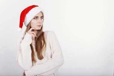 Santa şapka düşünme hakkında bir şey kız