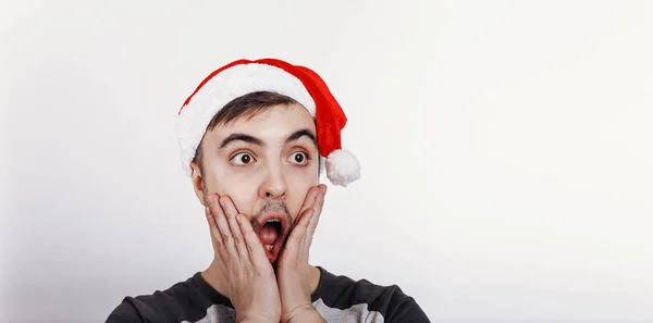 Man Santa Hat Looking Someone Shock — Stock Photo, Image