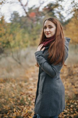 Medium full shot portrait of pretty young woman with red hair on the autumn foliage. Model turned her body to the right side and looking at camera. The girl wearing grey wool coat with hood clipart