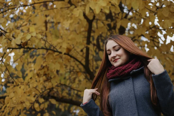 女の子の髪に触れます 若いロマンチックな女性人は温かみのあるグレーのコートと赤いスカーフを身に着けています 背景が黄色の葉の木に秋の公園でモデル立ち 見ていると笑顔の少女です — ストック写真