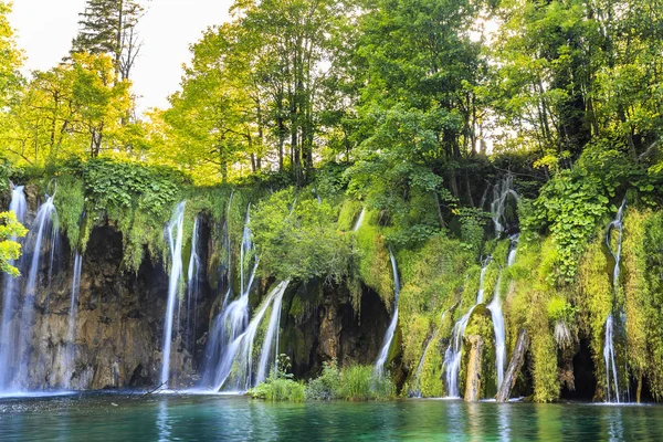 Close up of blue waterfalls in a green forest during daytime in — Stock Photo, Image