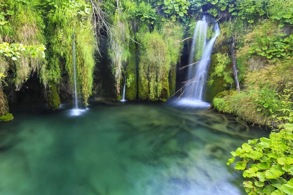 Крупним планом блакитні водоспади в зеленому лісі вдень в — стокове фото
