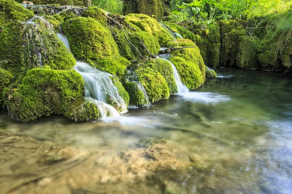 昼間の緑の森の青い滝のクローズ アップ — ストック写真