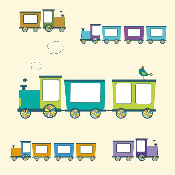 Simple style color toy trains and wagons set — Stock Vector