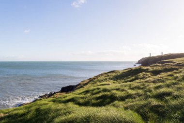İrlanda Denizi ve yeşil çimenli kıyı uçurumlar görünümü