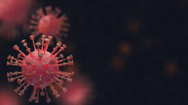 Bir grup virüs hücresi, Coronavirus 2019 salgını (covid19), Wuhan - Çin virüsü enfeksiyonu karanlık arka plan, kendini karantina, koronavirüs salgını konsepti, 3 boyutlu illüstrasyon. Boşluk afişini kopyala.